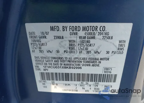 2008 Ford Escape Xlt z USA, uszkodzony, nr VIN 1FMCU031X8KB92996